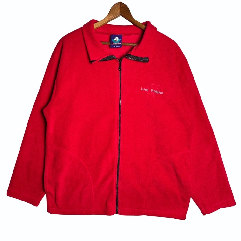 VTG Las Vegas Embroidered Mens Red Fleece Jacket JE Morgan Full Zip USA Made L
